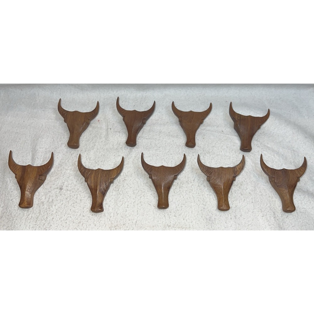 Vintage Hand Carved Wood Bull Steer Head Napkin Rings Western Set of 9 Brown